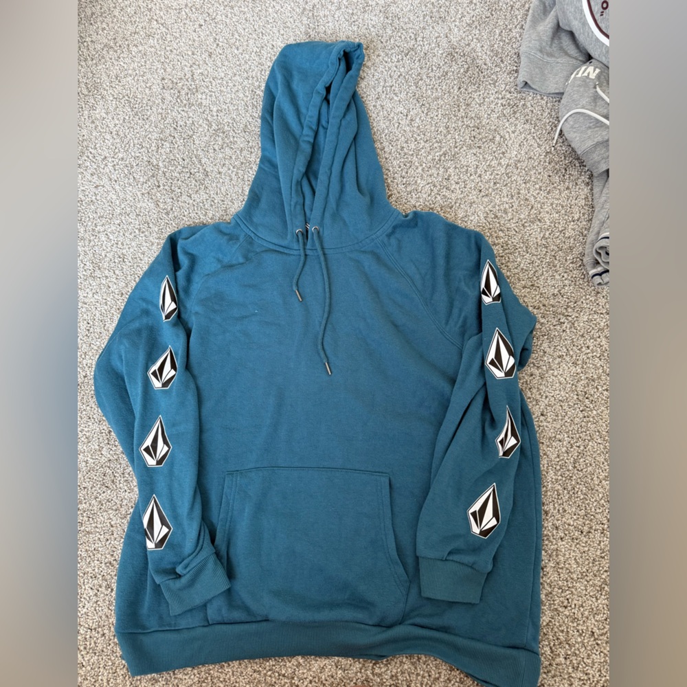 Volcom Teal Pullover Hoodie with Sleeve Logo Motif